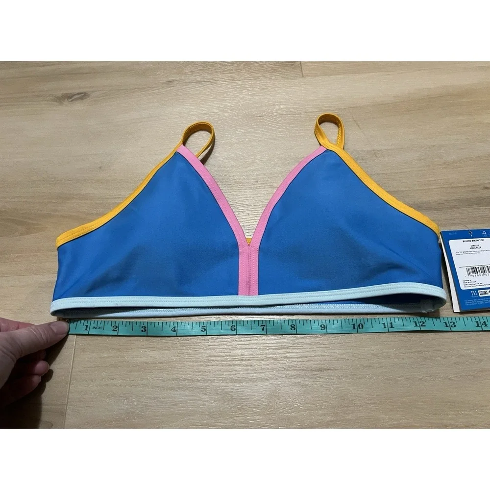 DSG Girls Bound Bikini Top Aqua Blue Pink‎ Trim Size Large 50+ UV Protection